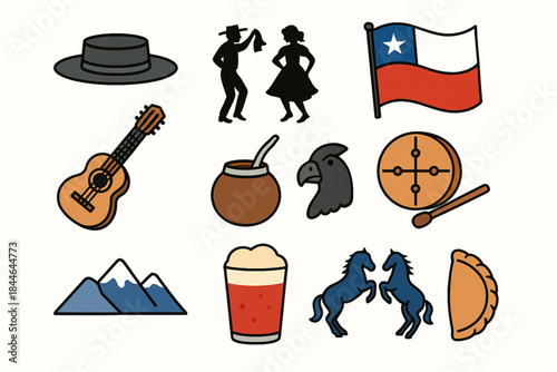 Chilean Culture Icon Set Vector Illustration with Traditional Symbols and Landmarks