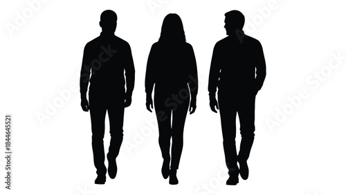 Three individuals walking forward depicted as solid black shapes creating a striking silhouette