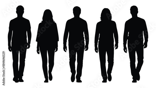 A row of five people walking forward depicted as dark shapes against a white background silhouette
