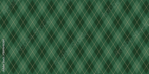 Christmas rhombus seamless pattern. Xmas plaid texture with gold line and stars. Green argyle geometric diamond abstract pattern. Christmas wrapping. Vector illustration isolated on green background.