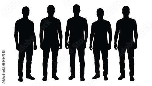 A group of six men standing side by side depicted as a striking black silhouette