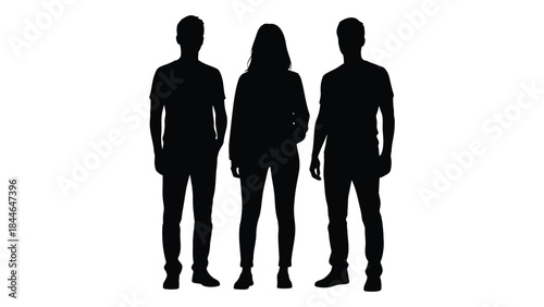 Three individuals standing together facing forward a striking black silhouette