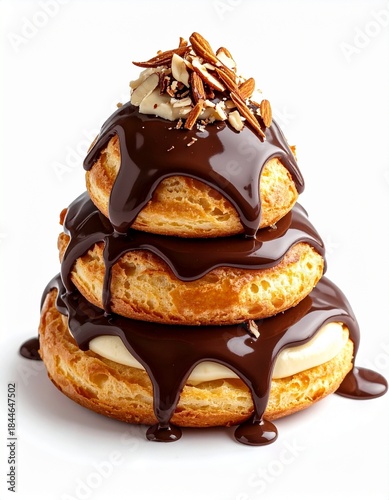 Profiterole Cream Puff Tower With Chocolate Sauce Drizzle