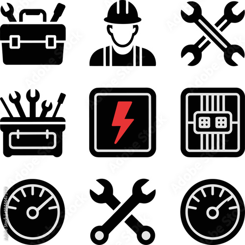 21.Black and white electrical service icons set showing electrician, tools, power equipment, wiring, meters, and energy symbols.