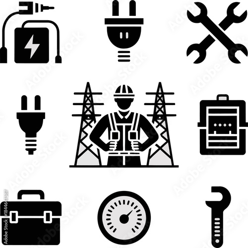 Black and white electrical service icons set showing electrician, tools, power equipment, wiring, meters, and energy symbols.