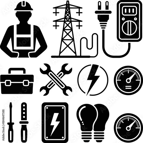 Black and white electrical service icons set showing electrician, tools, power equipment, wiring, meters, and energy symbols.