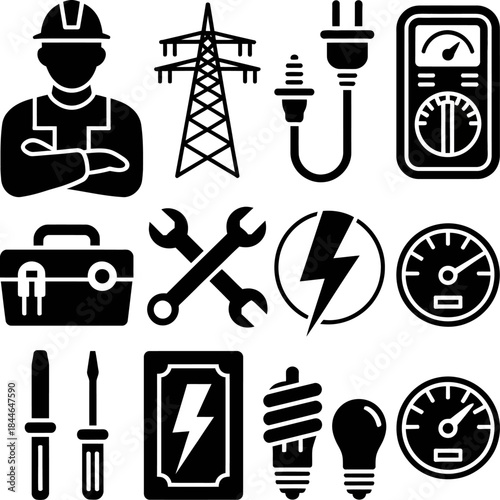 Black and white electrical service icons set showing electrician, tools, power equipment, wiring, meters, and energy symbols.
