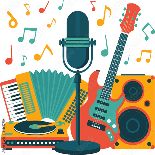 Colorful music illustration featuring microphone, electric guitar, accordion, keyboard, speakers, and floating notes representing live performance and creativity.