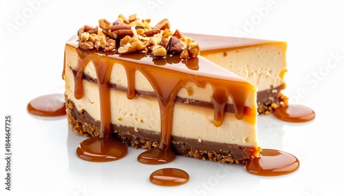 slice of caramel pecan cheesecake with dripping sauce