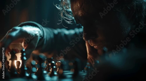 Man Contemplating Chess Move in Blue Light