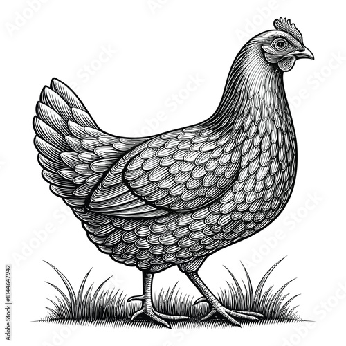 Engraved Style Chicken Standing in Grass on White Background
