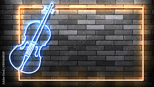 Vector neon frame with a cello isolated on wall background.