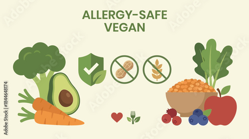 Allergy- Safe Vegan Food Icons with Broccoli Avocado Carrots and Berries vector illustration