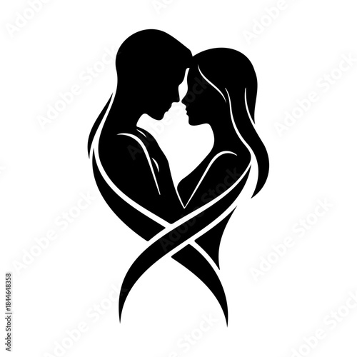 Black silhouette of a loving couple forming a heart shape with their bodies isolated on white background