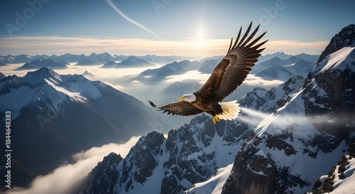 Bald eagle soaring majestically above a snow-covered mountain range at sunrise
