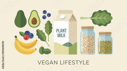 Assortment of vegan food items including avocado, berries, plant milk, and grains lifestyle plant-based