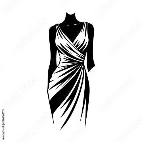 Black and white illustration of a woman wearing a draped evening gown isolated on white background