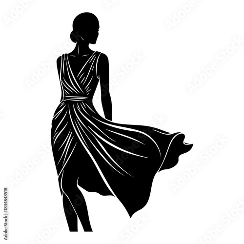 Black silhouette of a woman in a flowing dress isolated on white background