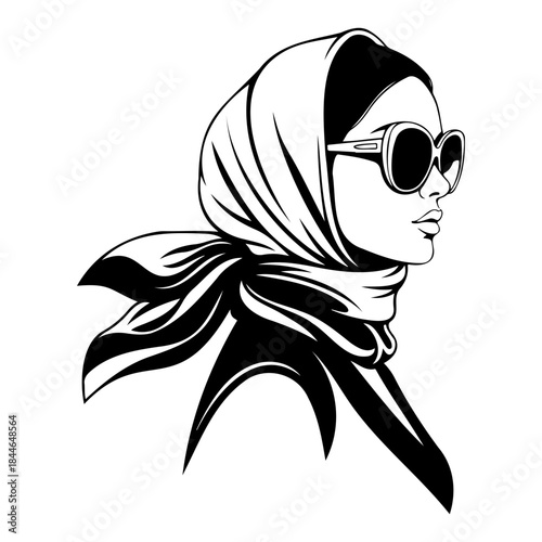 Woman wearing sunglasses and a headscarf in a stylish black and white illustration isolated on white background