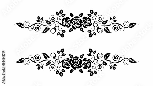 Elegant floral design featuring roses leaves and swirling vines in black