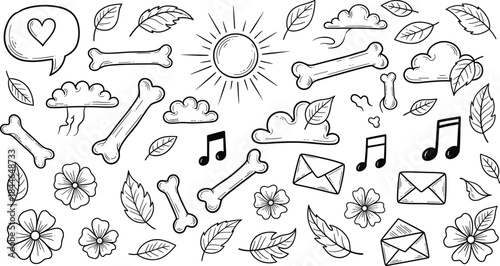 Hand drawn doodle elements vector set with leaves bones clouds sun music notes and envelopes sketch icons