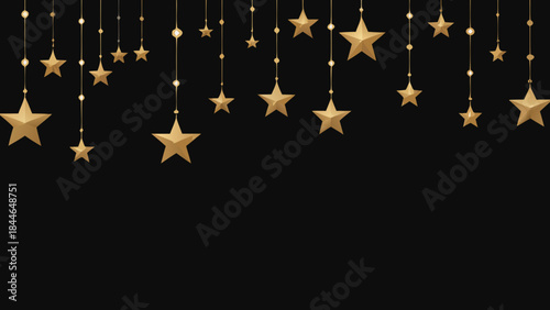 Elegant gold stars suspended from above on a dark black background