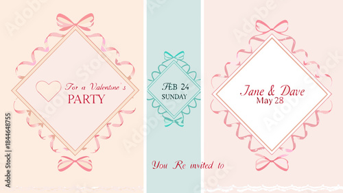Elegant wedding and valentine s day invitation card designs with ribbons