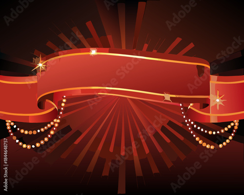 Elegant red ribbon banner with sparkling details and radiating burst background