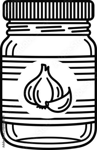 Garlic spice jar line art vector illustration, hand drawn seasoning container outline icon for kitchen and food design