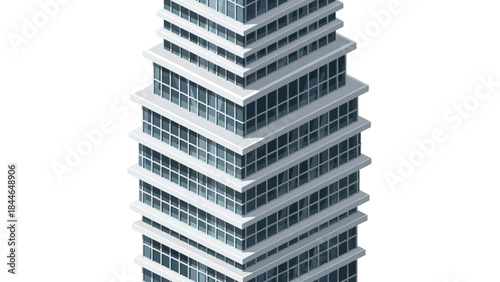 A modern, stepped skyscraper with glass windows and white accents, isolated on a white background.