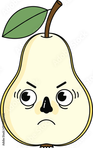 Angry pear cartoon character vector illustration with expressive face, funny fruit emoji icon for kids design