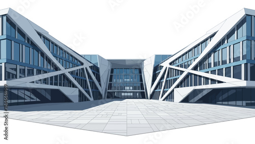 Modern architectural design of a futuristic office building with geometric facades and glass windows.