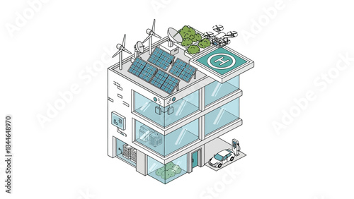 Isometric illustration of a futuristic smart building with solar panels, wind turbines, and a helipad.