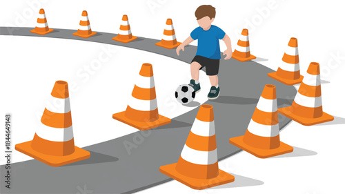boy dribbling soccer ball through traffic cones
