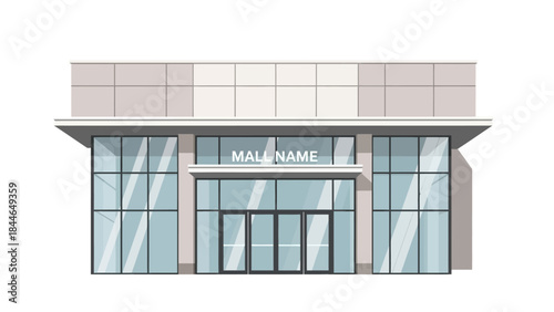 A modern commercial building with large glass windows and a prominent entrance, featuring a sign that reads 'MALL NAME'.