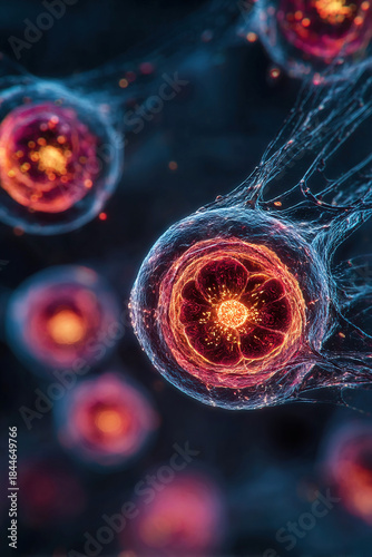 Fertilized oocyte and sperm elements captured under microscope in cellular detail