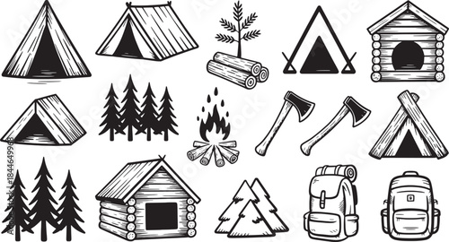 Camping and outdoor adventure in black and white line including tents log cabins campfire axes and backpacks for