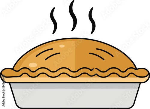 Hot freshly baked pie vector illustration with steam, classic dessert food icon for bakery and kitchen design
