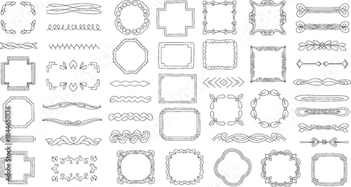 Collection of hand-drawn decorative borders frames and dividers in black and white line style for and page decoration