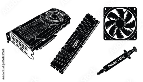 Computer hardware components vector illustration including GPU RAM fan and thermal paste