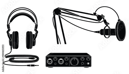 Audio recording equipment vector illustration with headphones microphone and interface