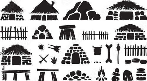 Collection of primitive and ancient dwelling and silhouettes including huts fences and tools on a white background