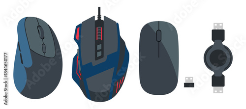 Computer mouse devices vector illustration with wireless wired and retractable options