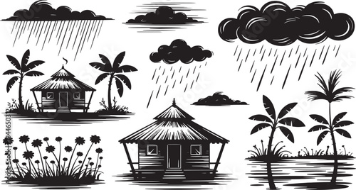 Silhouette collection of tropical huts palm trees and stormy clouds with rain for a rustic and atmospheric scene in black and white