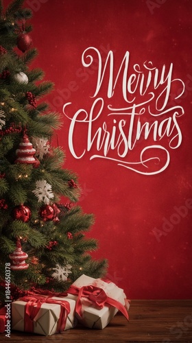 Postal de Merry Christmas para felicitaciones de Navidad, fondo rojo