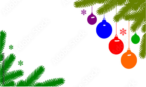 Colorful Christmas Tree Branch Border with Bauble Ornaments and Snowflakes, Festive Holiday Corner Frame Graphic Vector