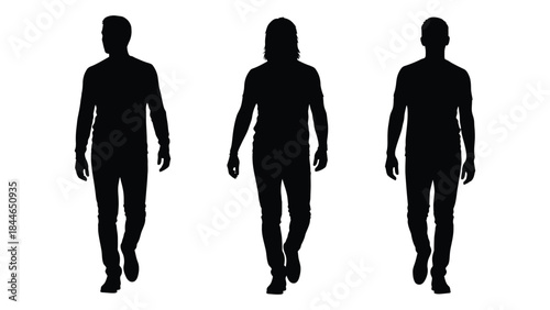 Three figures walking forward presented as stark black shapes against a white background silhouette