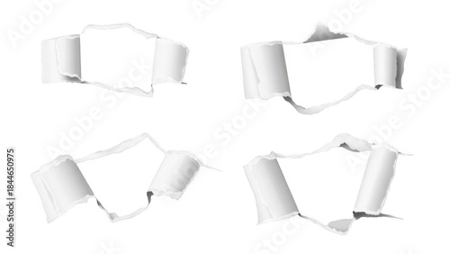 Set of four realistic torn white paper edges creating holes with curled edges isolated on black