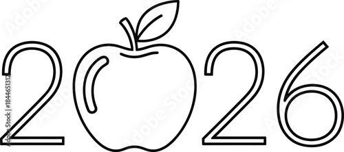 2026 apple outline vector illustration, creative number typography with fruit icon for new year and branding design