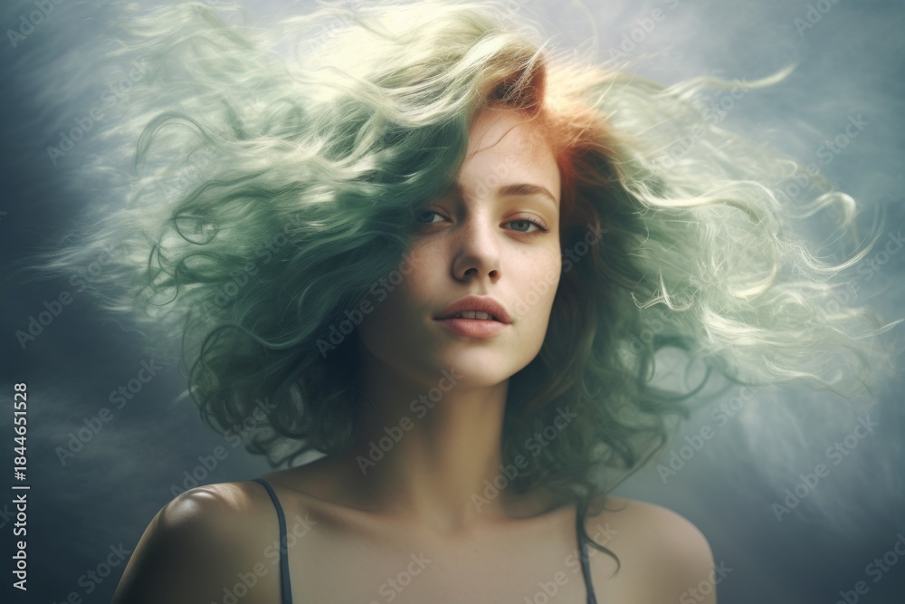 Naklejka premium Captivating portrait of a young woman with vibrant curly hair and soft expression surrounded by ethereal lighting